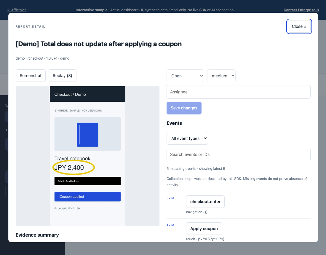 Screen Reporter dashboard showing a synthetic checkout screenshot, feedback notes, and recorded events